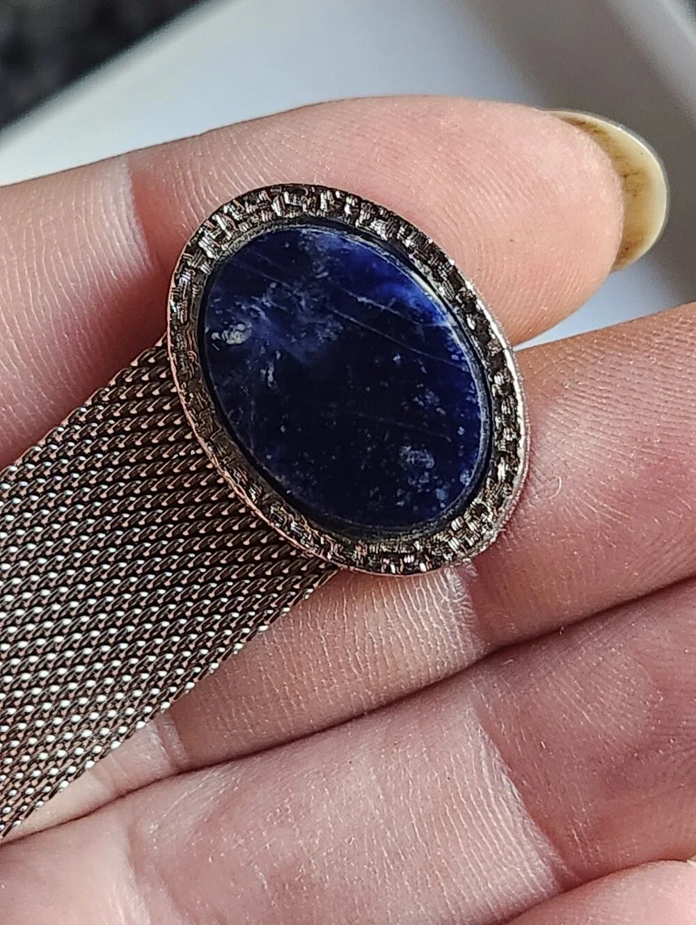 Vtg Dante Silver Tone Mesh Cufflinks with Dark Blue Oval Stones